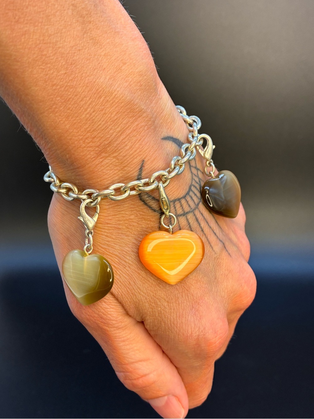 Y2K heart Charm Bracelet with Orange and Brown cats eye glass Heart Pendants